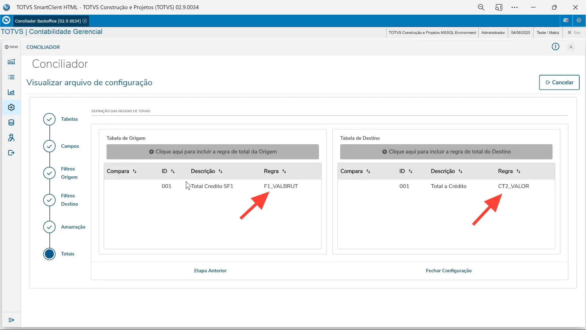 Configuração dos totais no conciliador backoffice - TOTVS Protheus