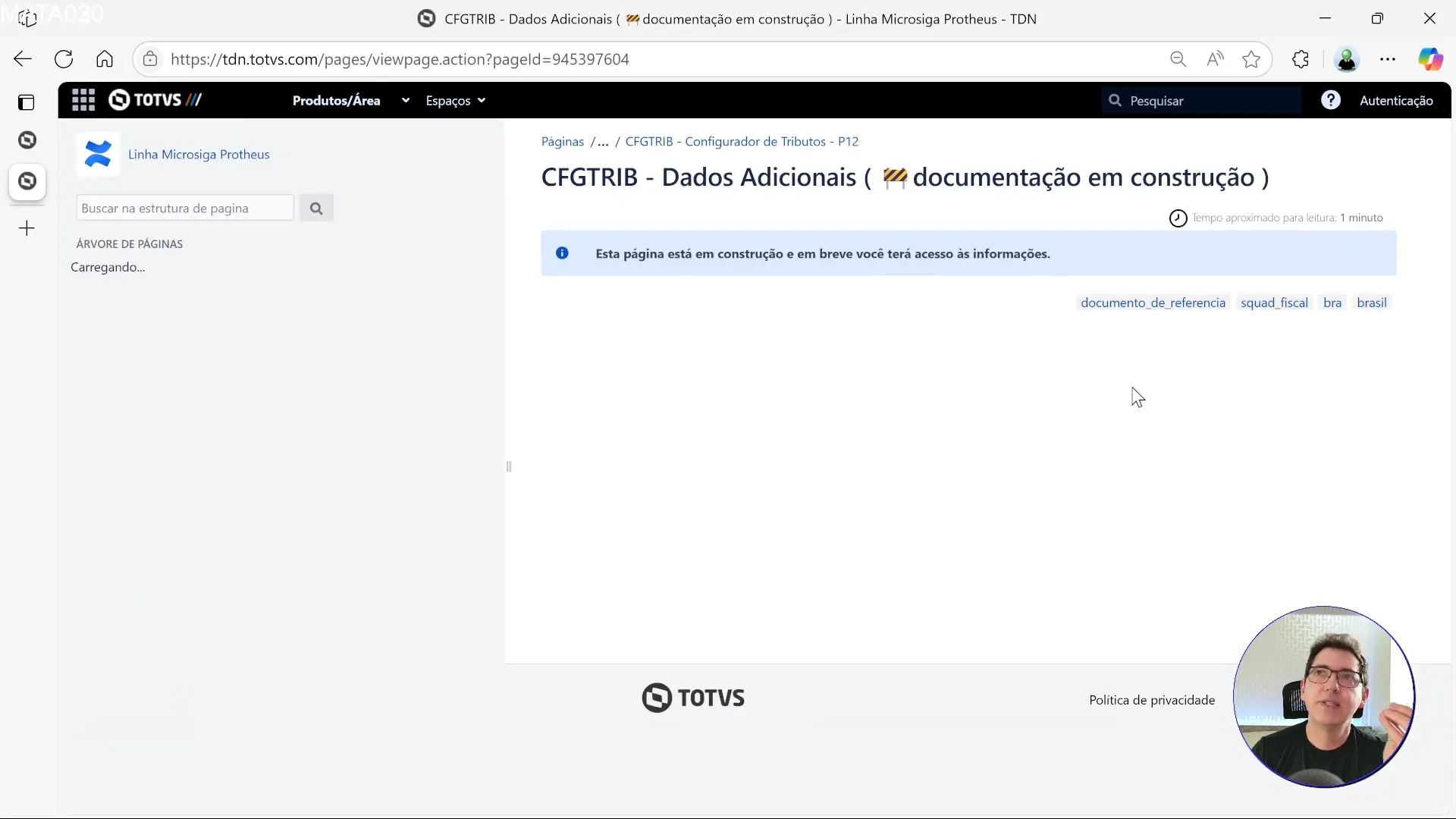 Página da TOTVS mostrando documentação em construção para Configurador de Tributos