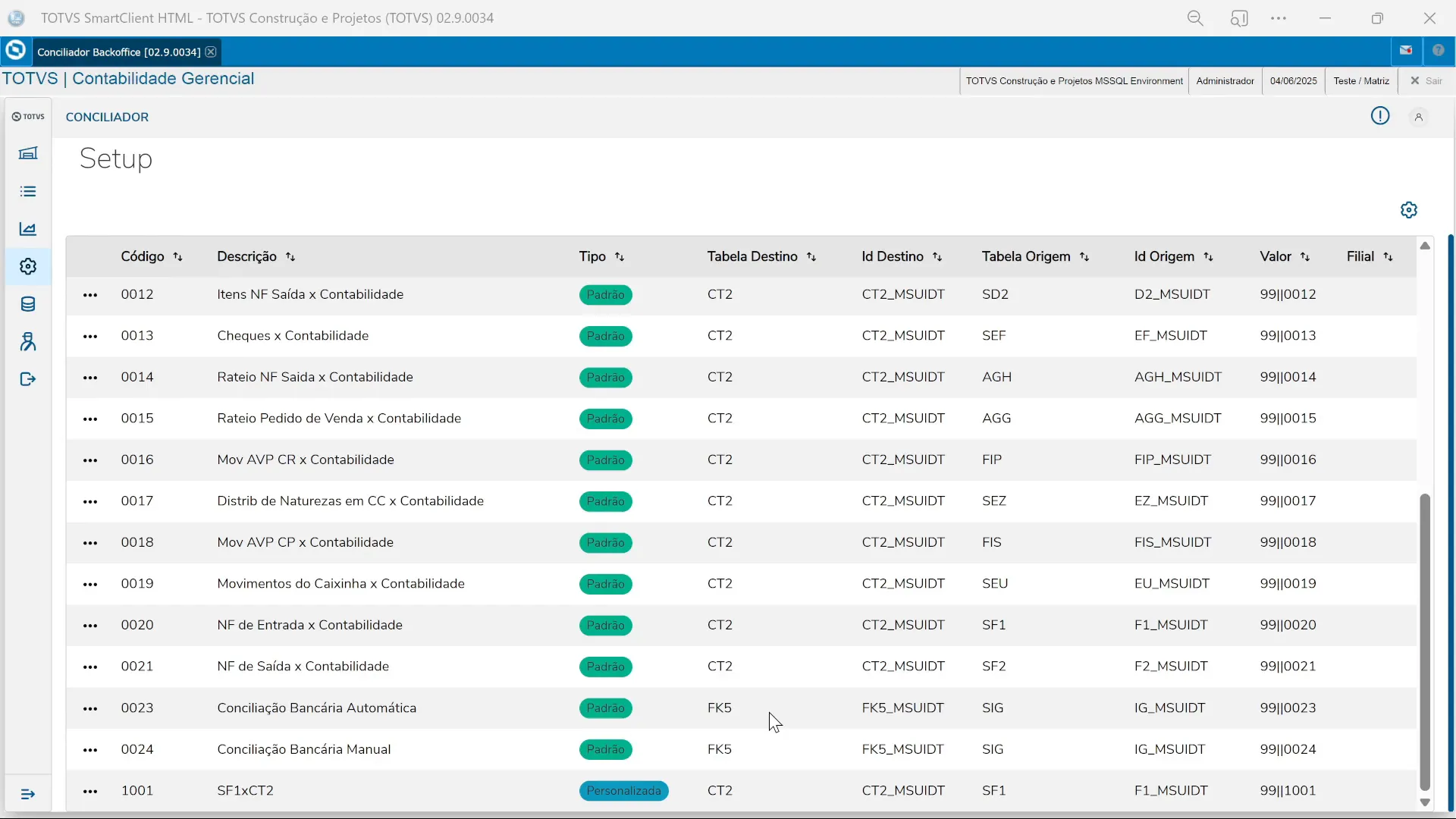 Configurações personalizadas no conciliador Backoffice do TOTVS Protheus