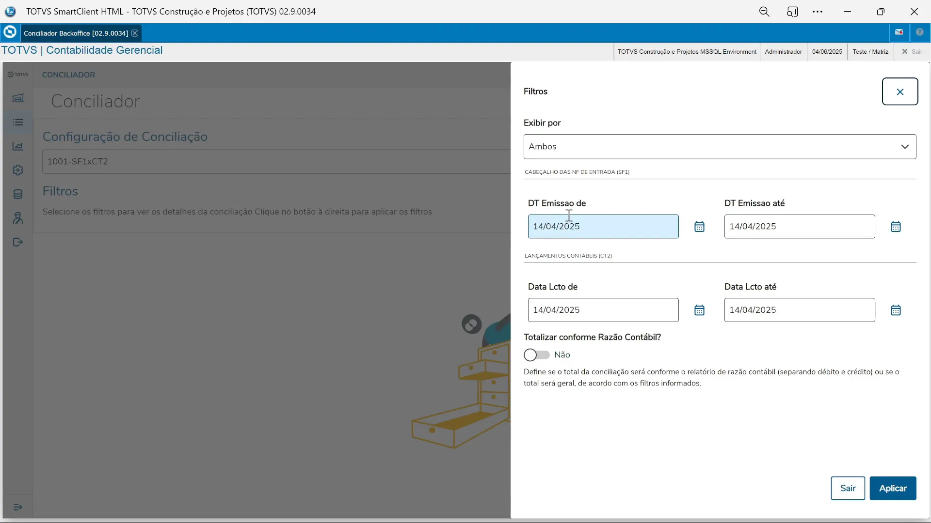 Configuração de filtros para tabelas origem e destino no conciliador backoffice do TOTVS Protheus