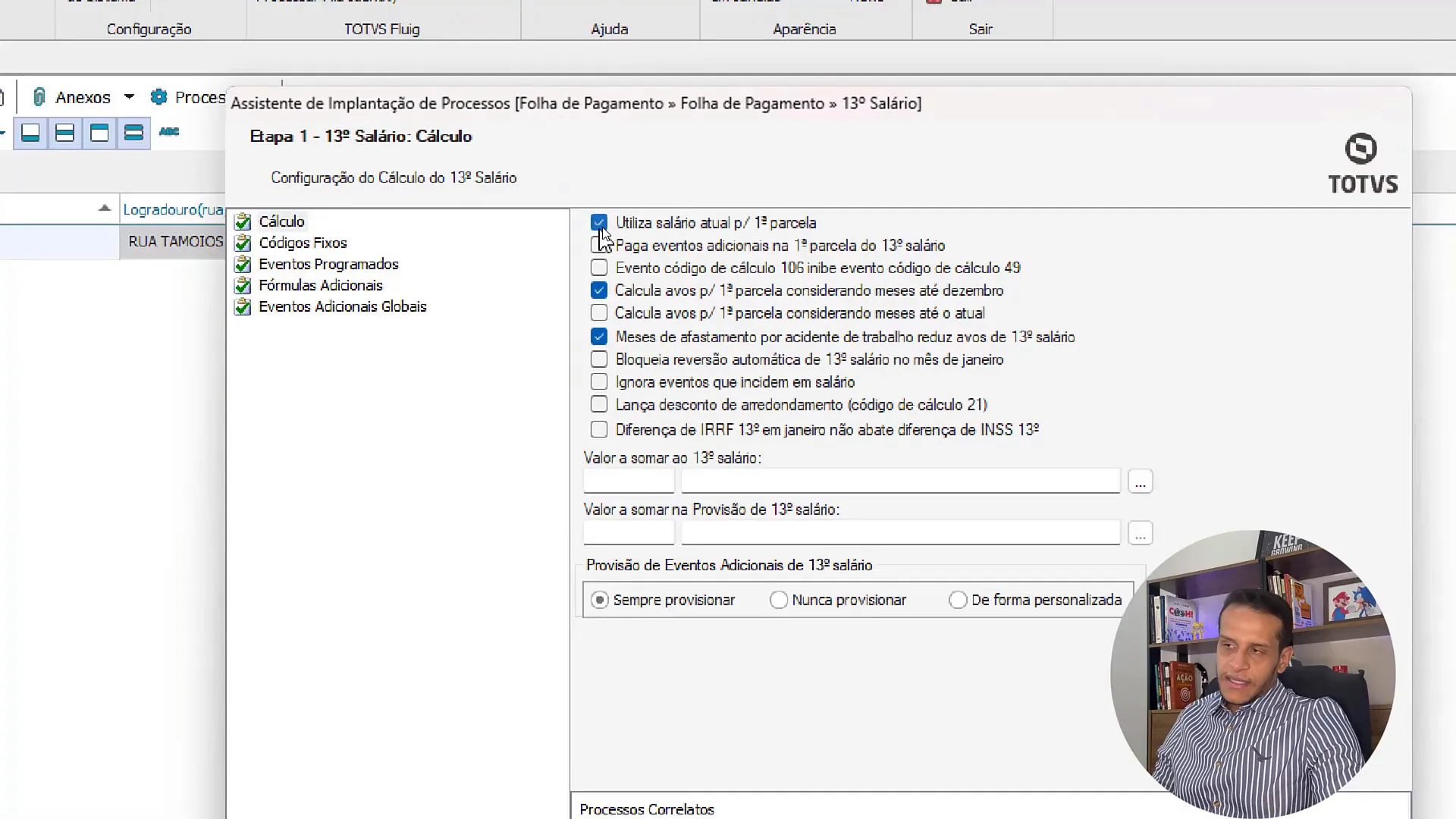 Tela de parâmetros gerais do sistema para décimo terceiro no RM Labore