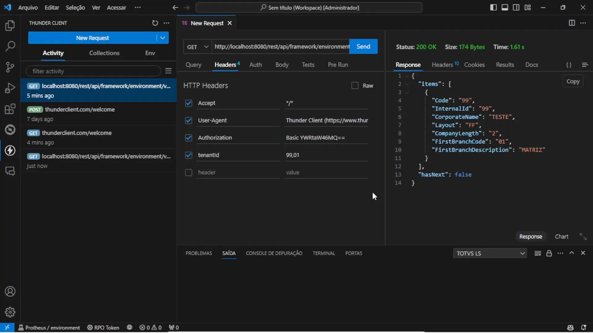 Consulta de companhias via REST no VS Code