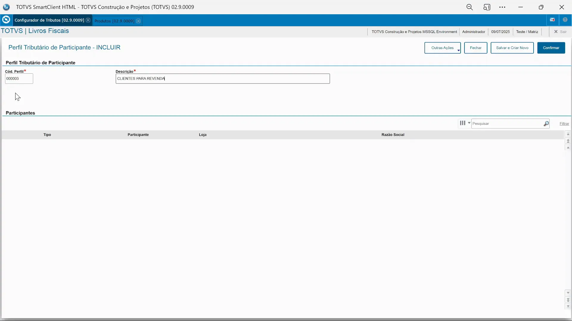 Inclusão de perfil de participantes para revenda no Configurador de Tributos do TOTVS Protheus