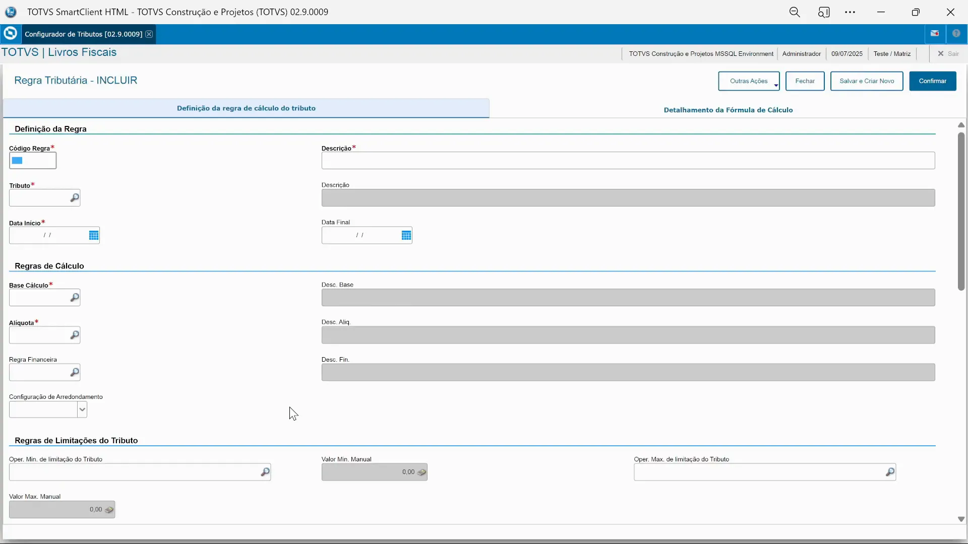 Inclusão da regra de cálculo do documento fiscal completa no configurador de tributos do TOTVS Protheus