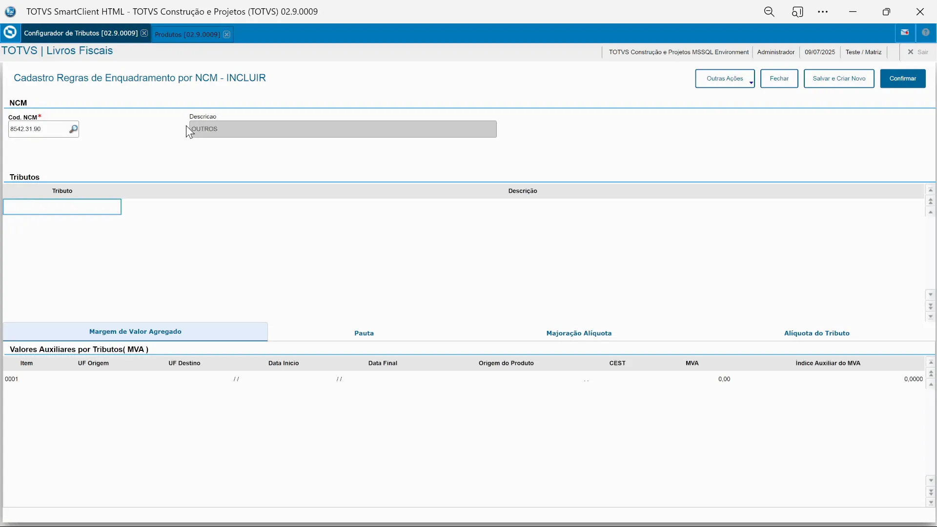 Configuração do ICMS por NCM no configurador de tributos do TOTVS Protheus