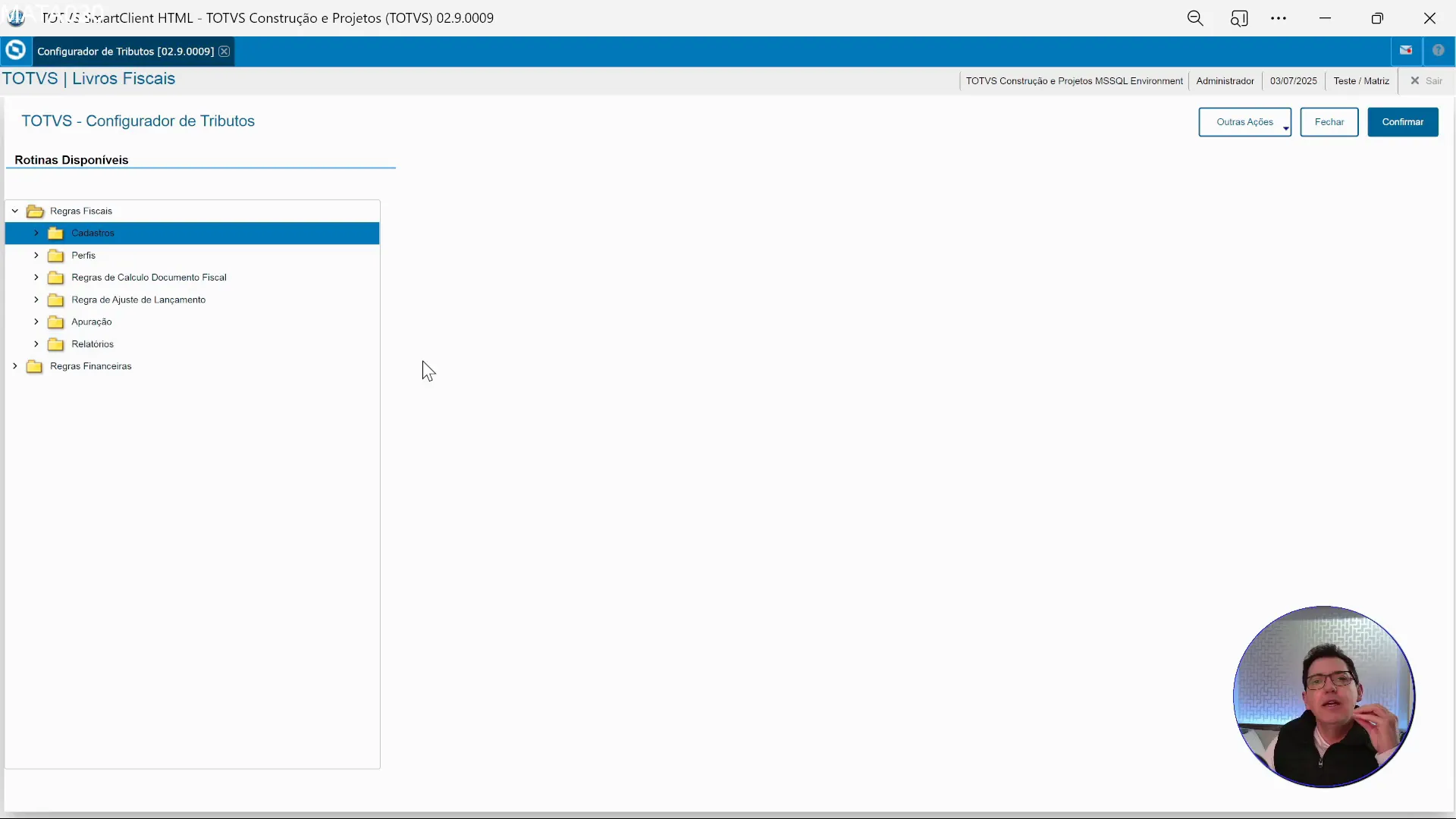 Principais pastas com grupo de cadastros no Configurador de Tributos do ERP TOTVS Protheus.