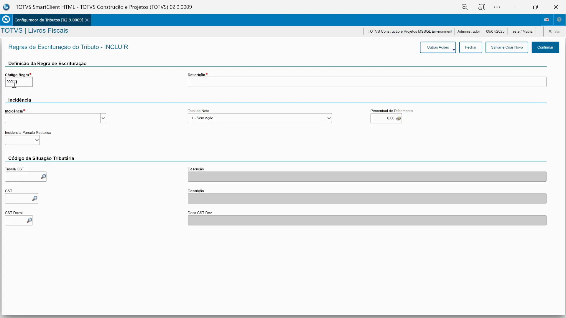 Configuração da regra de escrituração fiscal no configurador de tributos do TOTVS Protheus