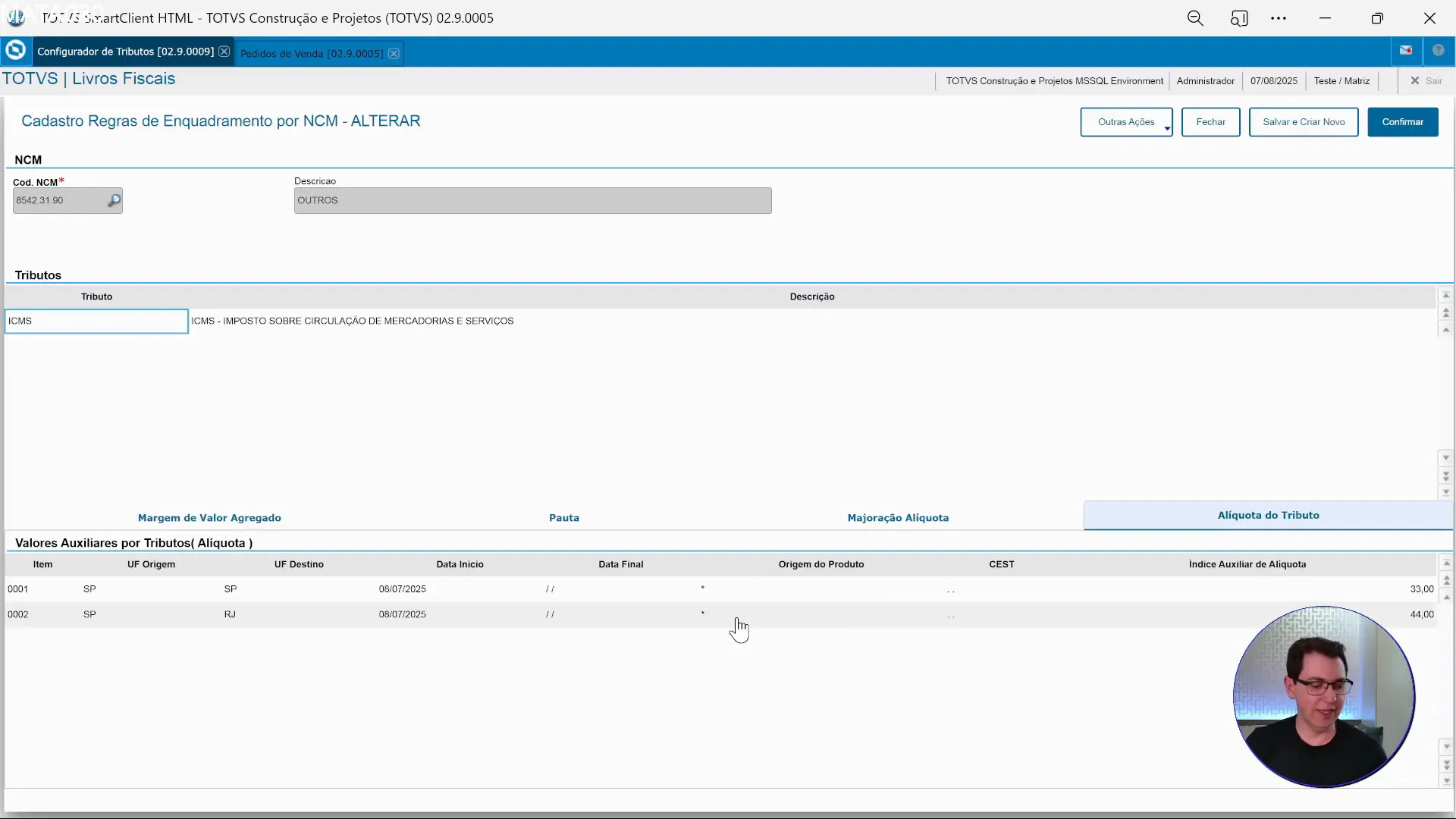 Cadastro de Regra por NCM do configurador de tributos no sistema de ERP TOTVS Protheus