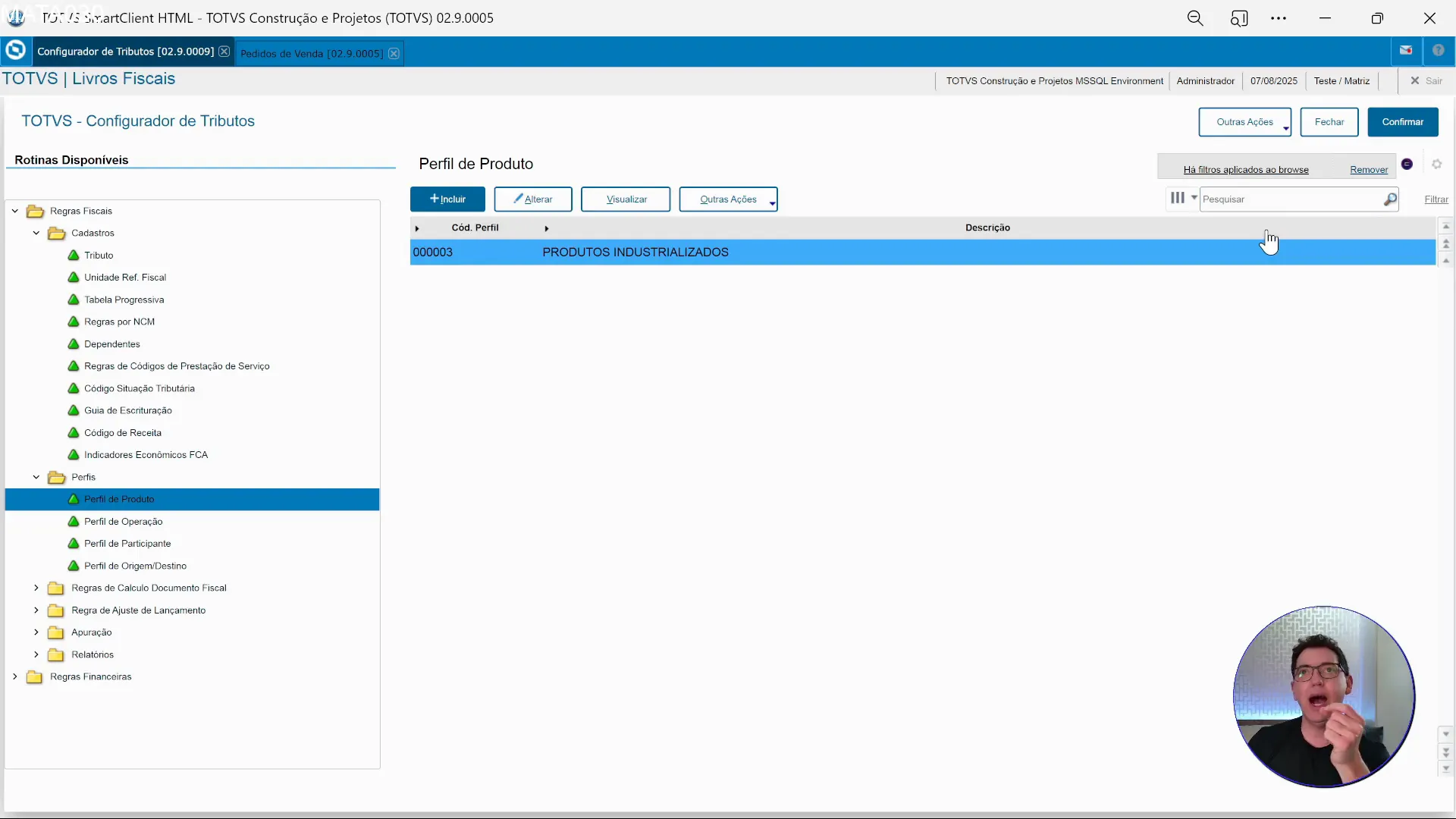 Cadastro de Perfil de produtos no sistema de ERP TOTVS Protheus