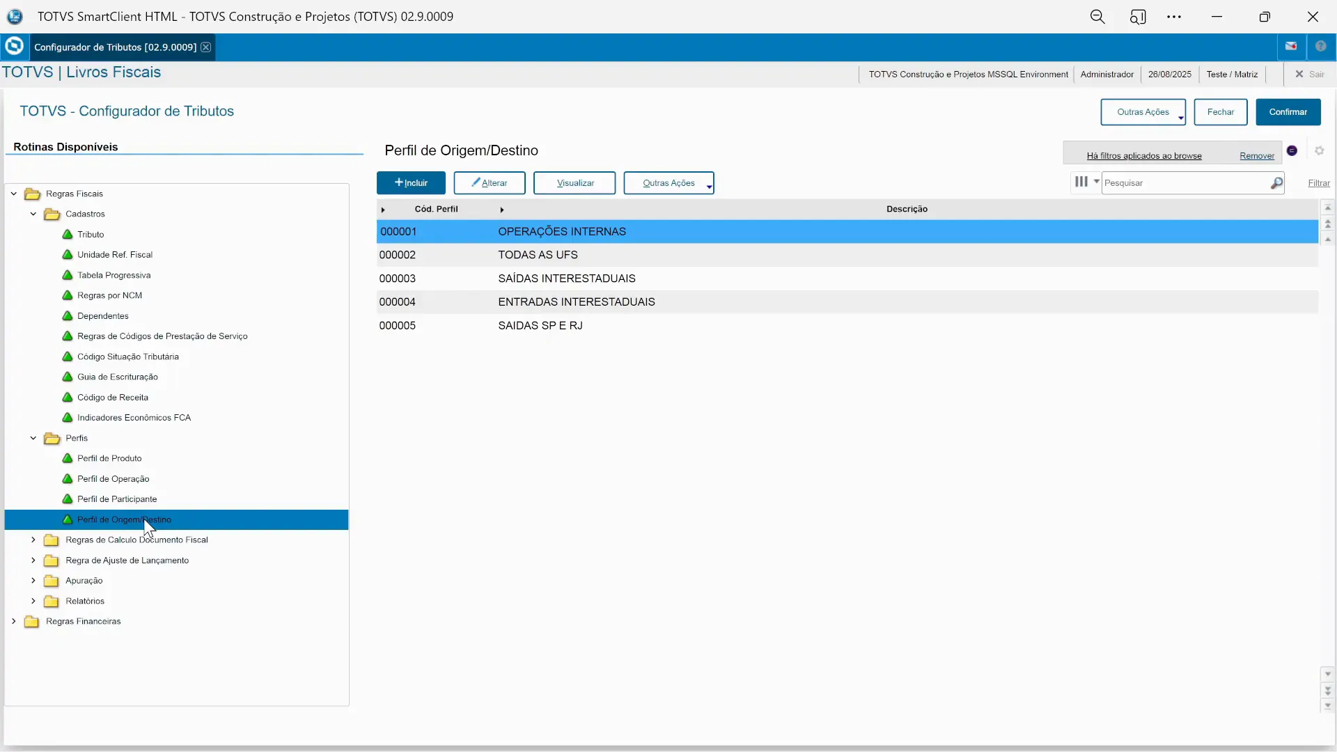 Perfil de Origem/Destino no configurador de tributos no sistema de ERP TOTVS Protheus
