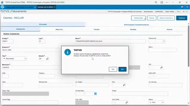 Mensagem para vincular um cliente ao cadastro de perfil do configurador de Tributos do sistema de ERP TOTVS Protheus.