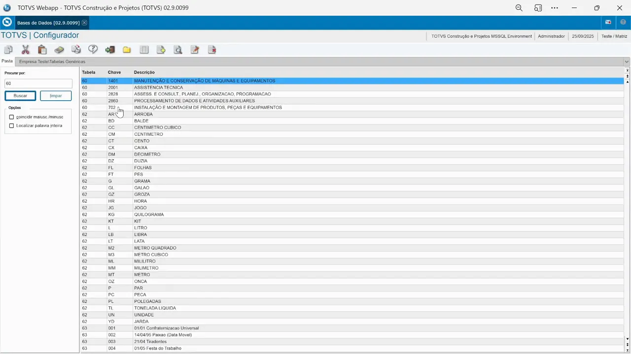 Inclusão do código 702 de serviços na Tabela 60 no modulo configurador do sistema de ERP TOTVS Protheus