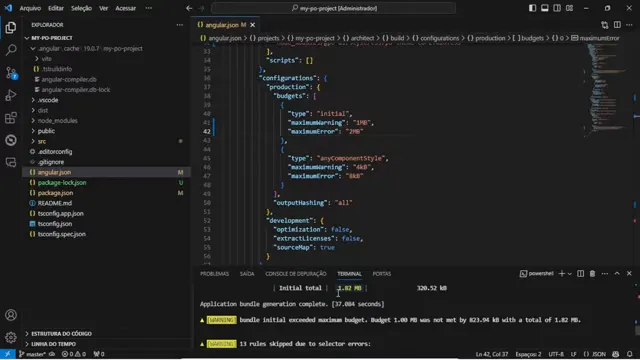 Terminal exibindo build concluída e informações de tamanho
