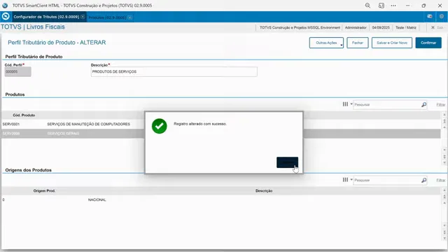 Removendo vínculo do produto no perfil de produto no configurador de tributos do sistema de ERP TOTVS Protheus