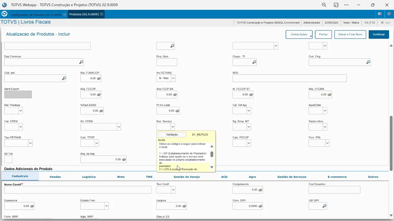 Help do campo Exec Serviço (B1_MEPLES) no cadastro de produtos do sistema de ERP TOTVS Protheus.