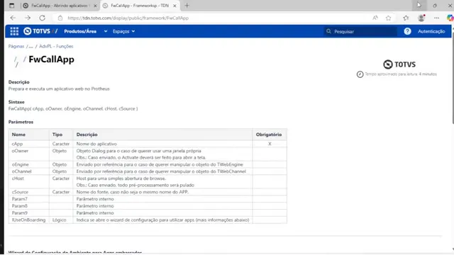 Documentação da função FwCallApp e referência do FWK Web