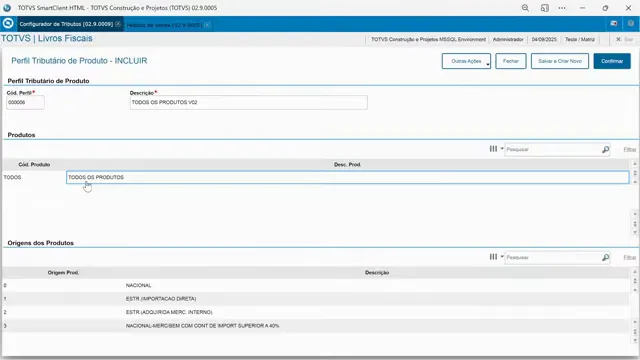 Inclusão de produto com opção 'todos' no perfil de produto do configurador de tributos do sistemas de ERP TOTVS Protheus