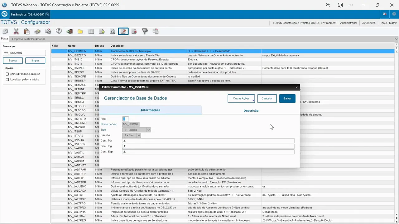 Parâmetro MV_ISSXMUN habilitado no Configurador