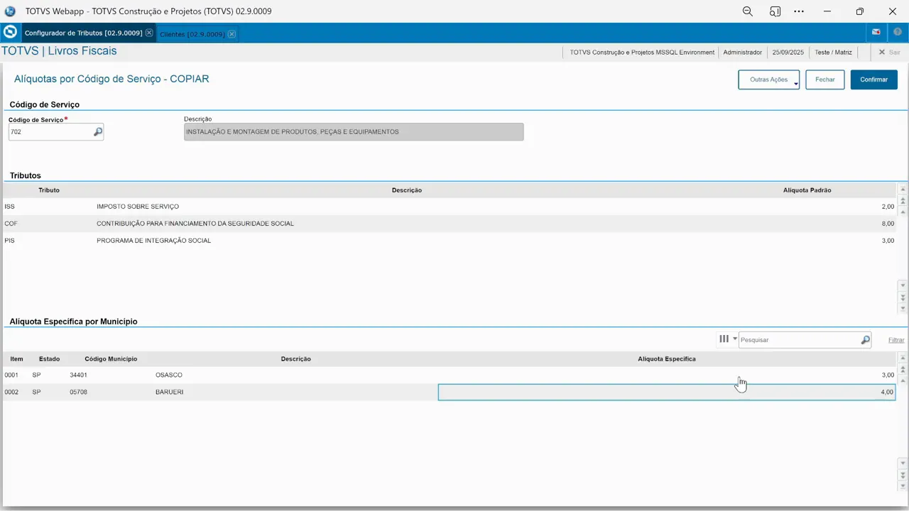 Inclusão de alíquotas específicas de ISS por município no Configurador de tributos do sistema de ERP TOTVS Protheus