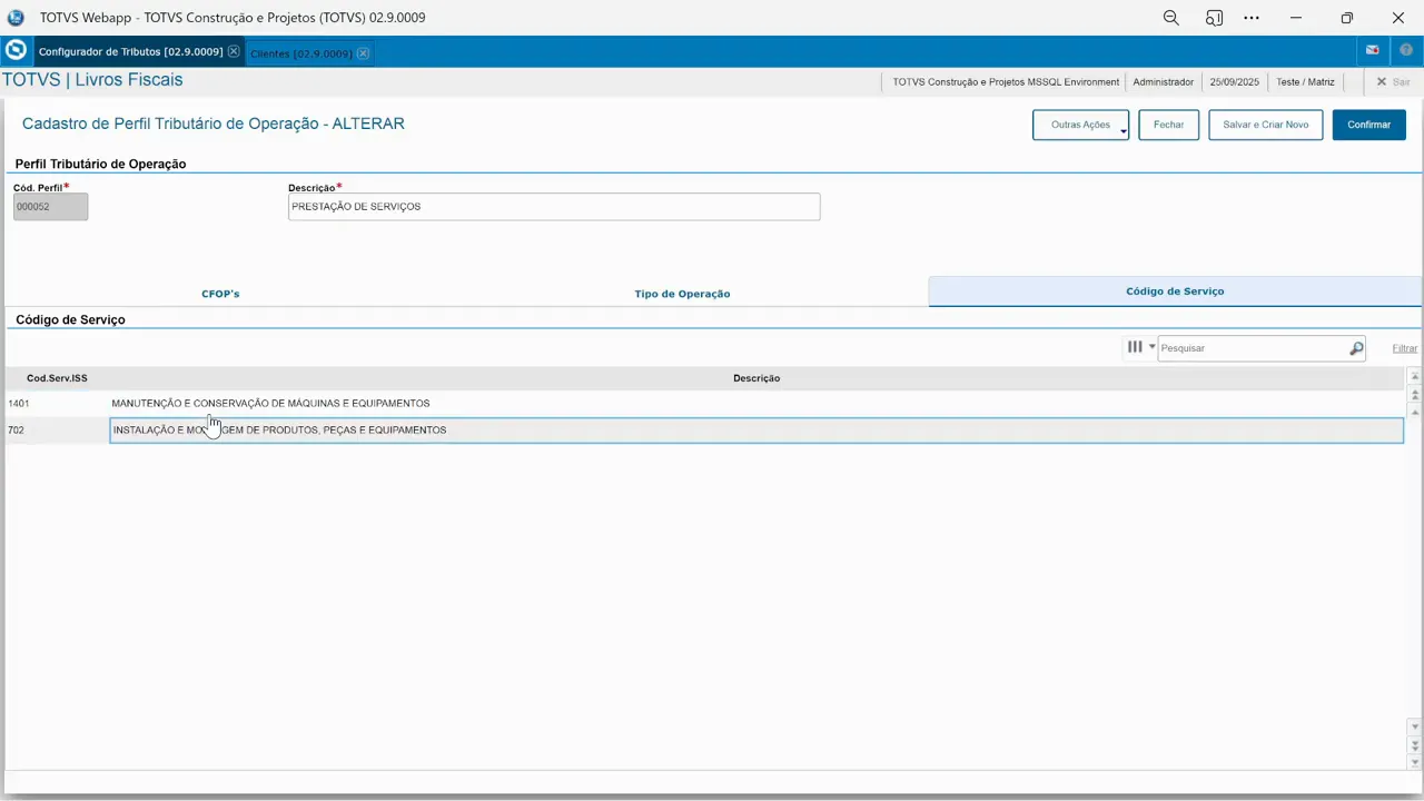 Vinculação do código 702 no perfil de operação no configurador de tributos do sistema de ERP TOTVS Protheus