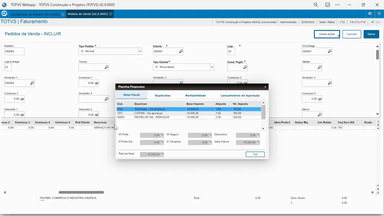 Planilha financeira do pedido de venda do sistema de ERP TOTVS Protheus exibindo calculo de ISS.