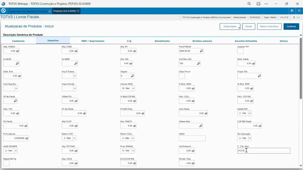 Cadastrando um produto de serviço no sistema de ERP TOTVS Protheus