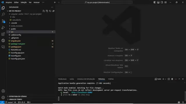 VS Code aberto com terminal e projeto carregado