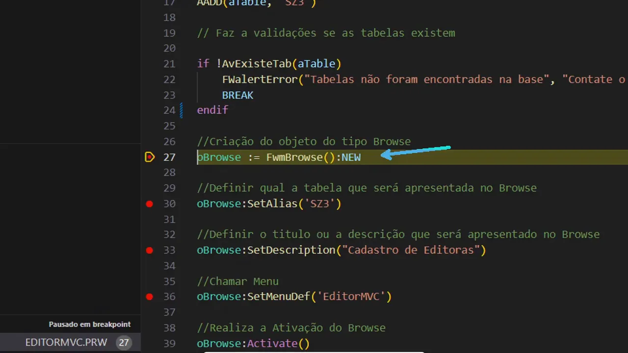 Breakpoint sendo atingido no VS Code