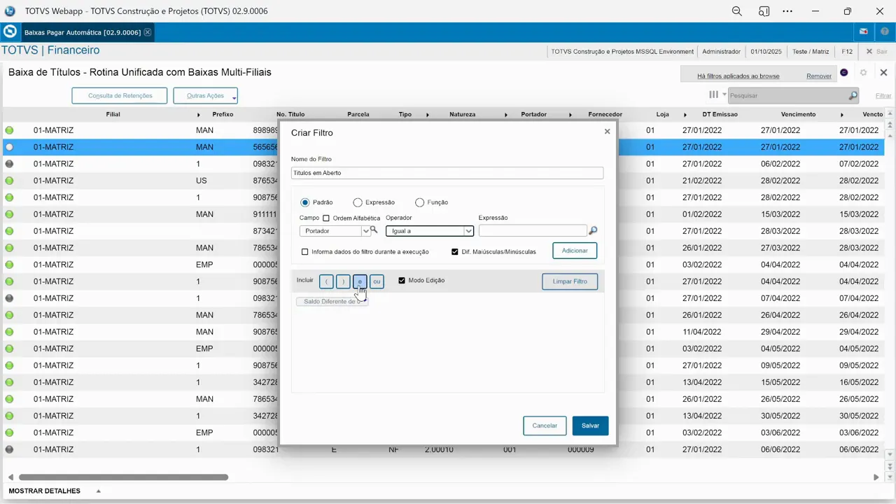 Criando filtro com a condição portador igual a vazio com operador E (AND) no sistema de ERP TOTVS Protheus