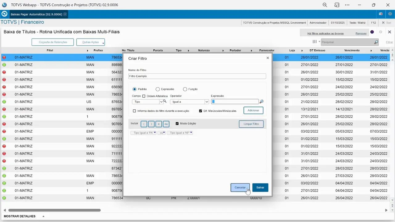 Filtro exemplo: tipo igual PA ou NF usando operador OR no sistema de ERP TOTVS Protheus