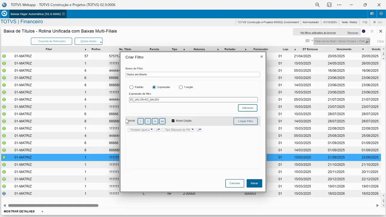 Criando expressão SE2_VALOR = SE2_SALDO para excluir baixas parciais na tela de filtros do sistema de ERP TOTVS Protheus