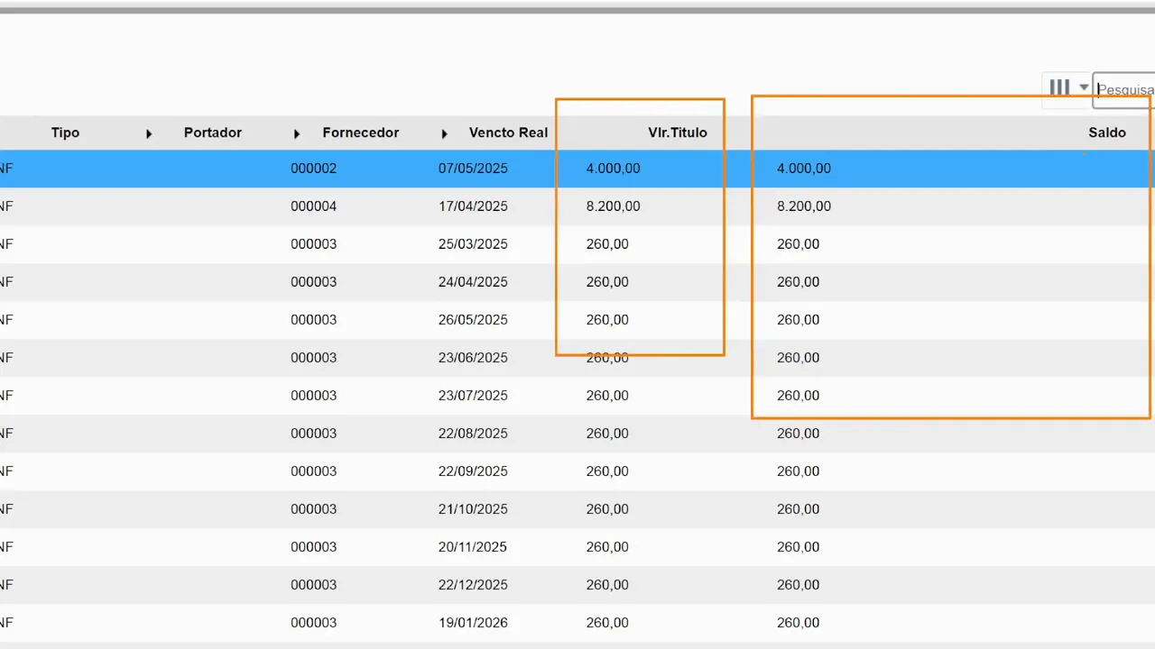 Dicionário da tabela SE2 com seleção dos campos (valor e saldo) no sistema de erp TOTVS Protheus