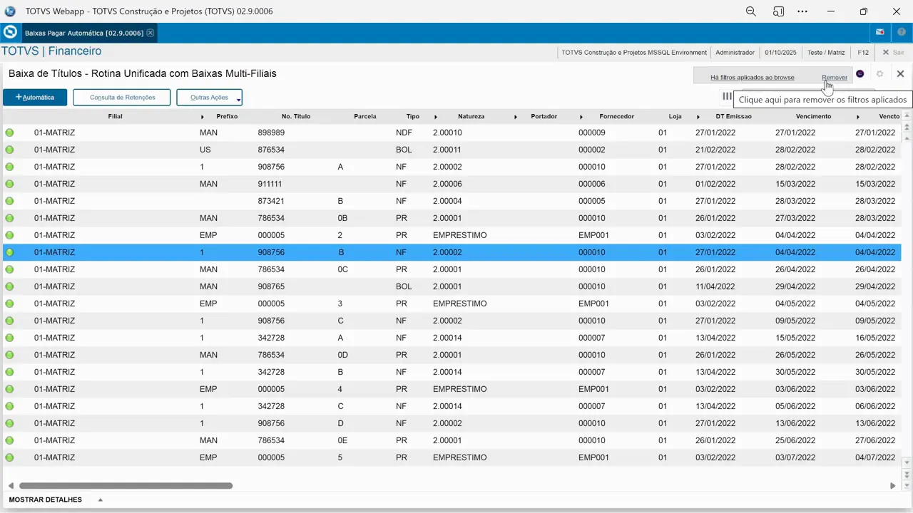 Opção Filtrar → Outras ações → Salvar para preservar filtros no browser no sistema de ERP TOTVS Protheus