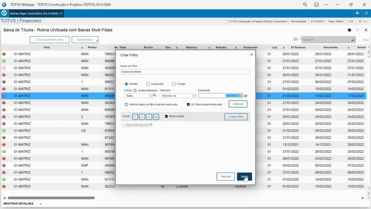 Criando filtro: saldo diferente de zero para títulos em aberto no sistema de erp TOTVS Protheus