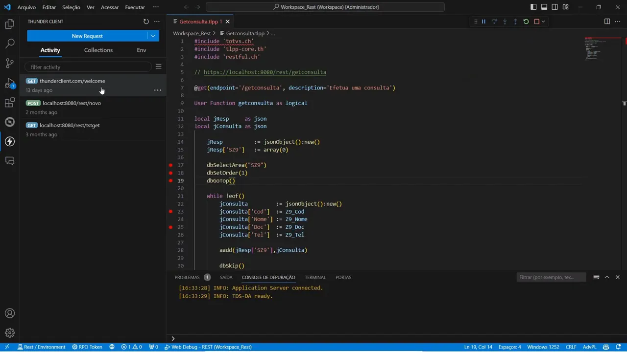 Envio de requisição via Thunder Client e breakpoint atingido