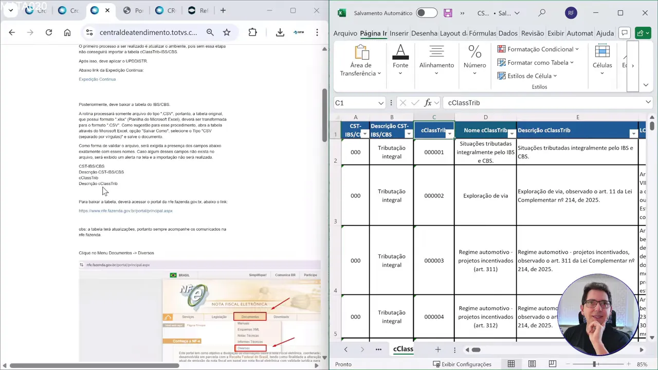 Planilha mostrando colunas CST-IBS-CBS e C-ClassTrib que precisam ser verificadas antes da importação dos dados.