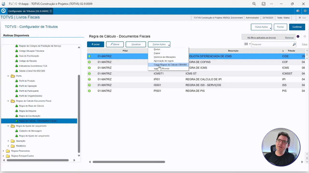 Opção de carga automática: carga de regra de cálculo CBS e IBS no Configurador Tributos do sistema de ERP TOTVS Protheus