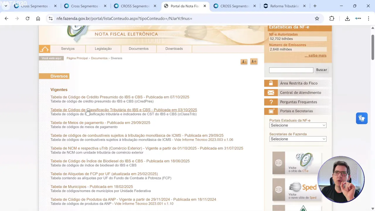 Portal da Nota Fiscal Eletrônica com a tabela cClassTrib disponível para download