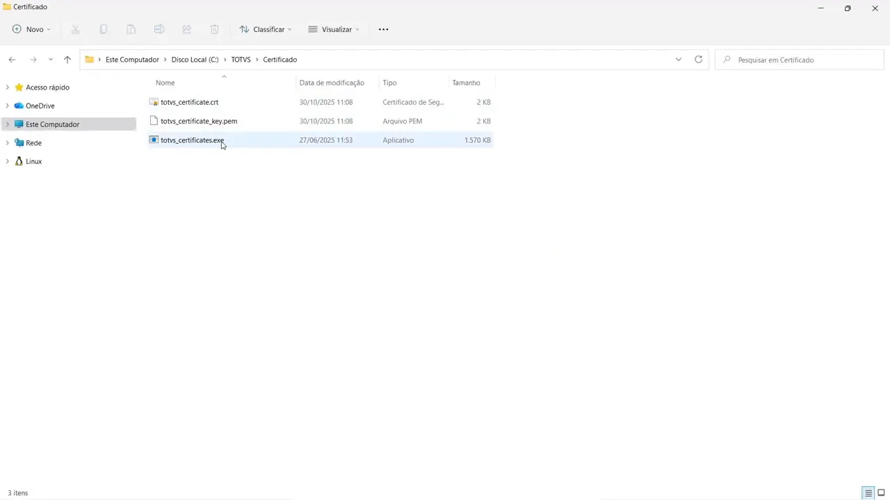Conteúdo da pasta Certificado mostrando totvs_certificate.crt e totvs_certificate_key.pem