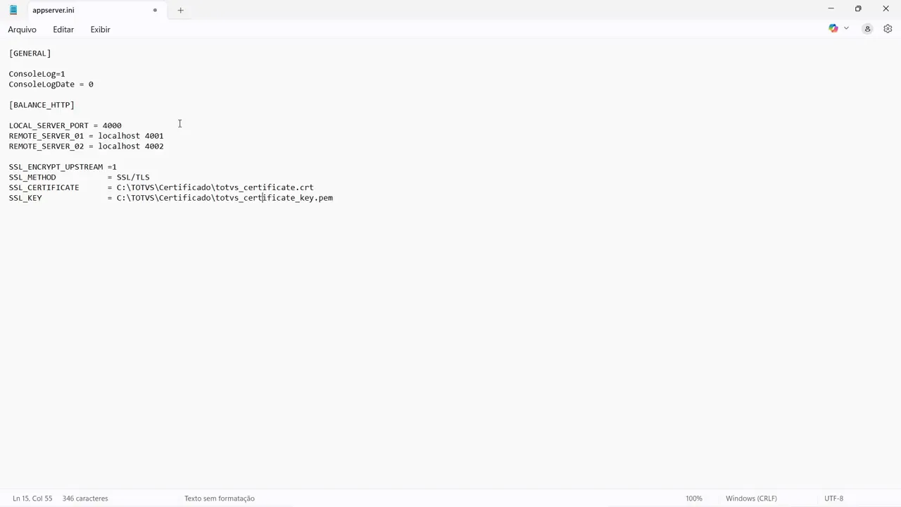 Arquivo appserver.ini exibindo a seção [BALANCE_HTTP], com LOCAL_SERVER_PORT = 4000 e entradas REMOTE_SERVER_01/02.