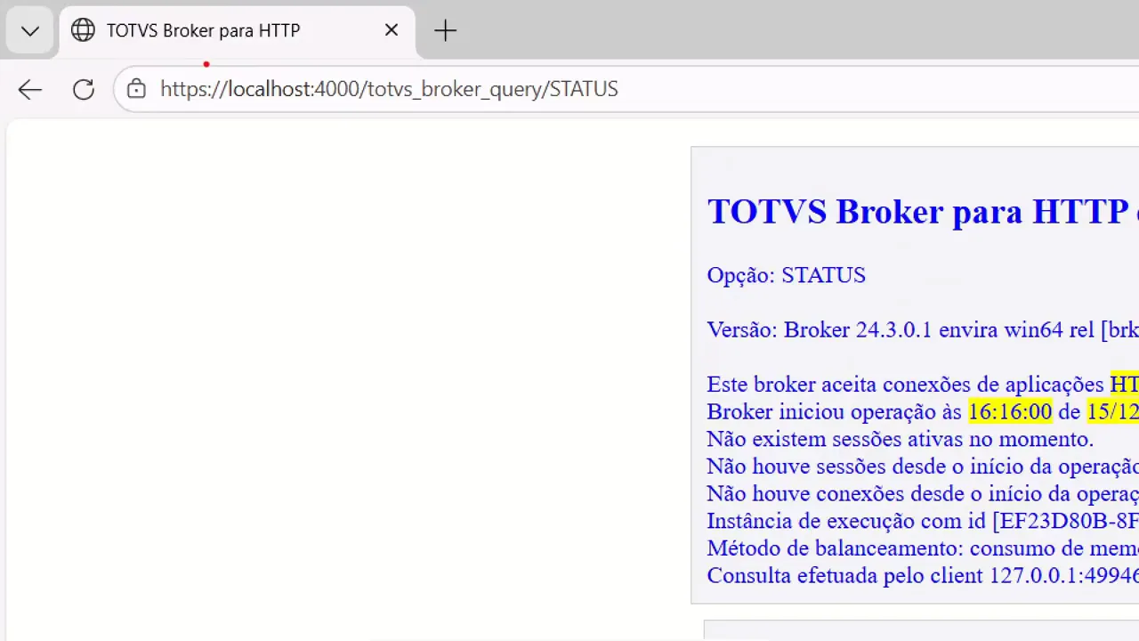 Página de status TOTVS Broker em https://localhost:4000 mostrando servidores e consumo de CPU