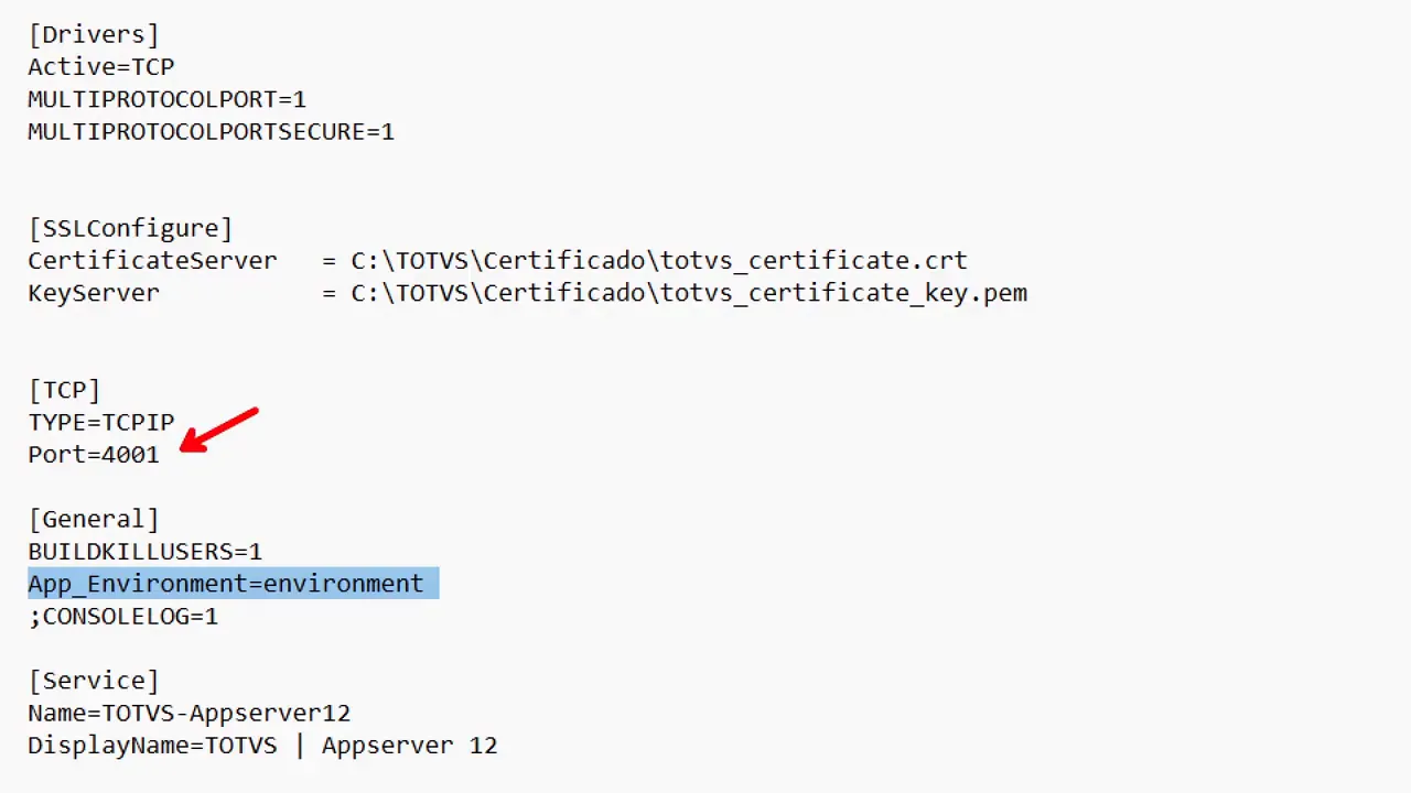 Trecho do appserver.ini com Port=4001 e App_Environment destacado, seta indicando a porta