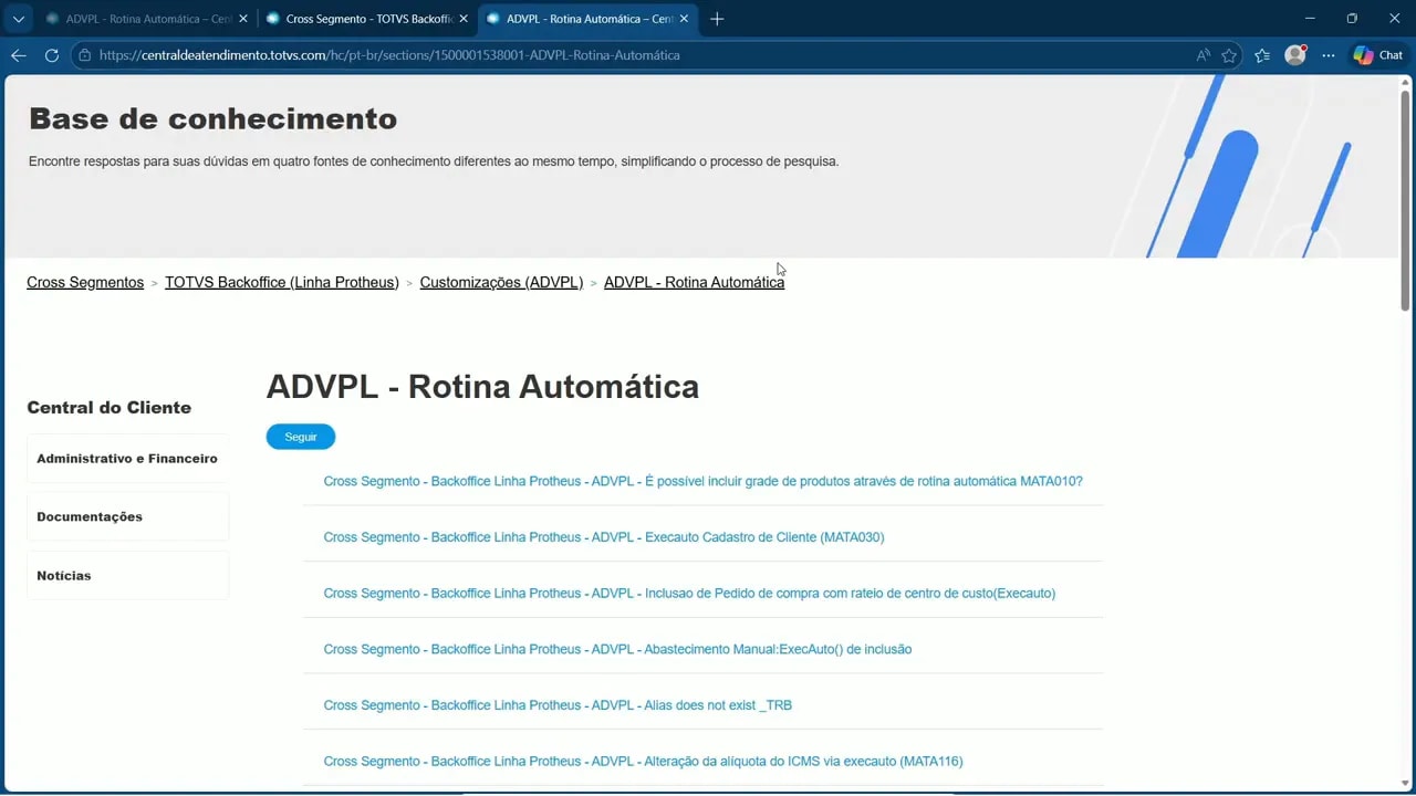 Tela da base de conhecimento da TOTVS mostrando “ADvPl - Rotina Automática”