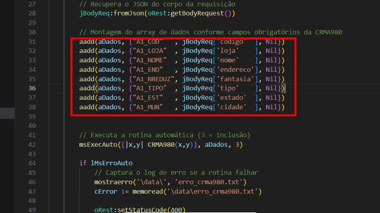 Recorte do código ADVPL destacado com campos obrigatórios do array para chamar o MSExecAuto na rotina CRMA980
