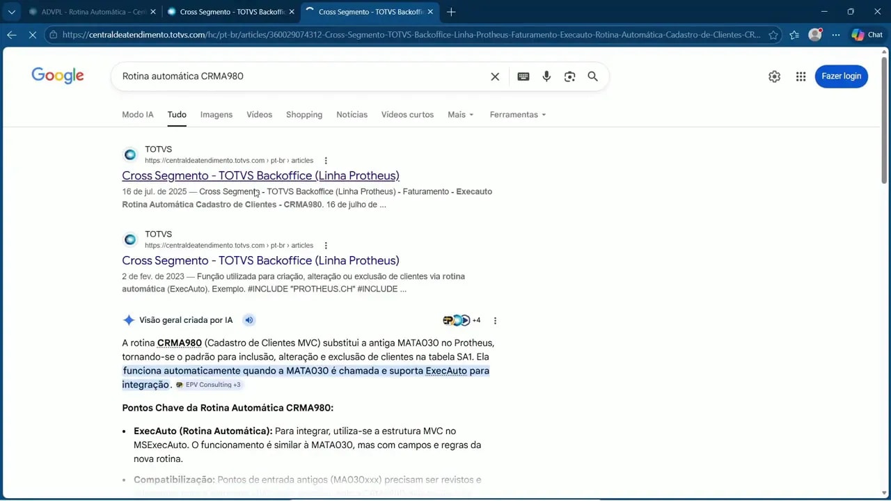 Página de resultados do Google para “Rotina automática CRMA980” com referências da TOTVS Backoffice