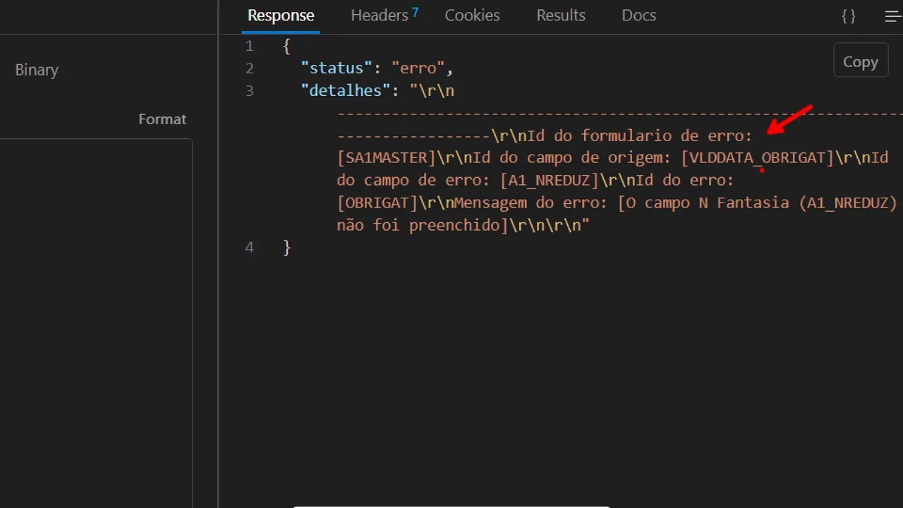 Tela do Thunder Client com requisição POST e resposta de erro 500 ao executar inclusão com ExecAuto