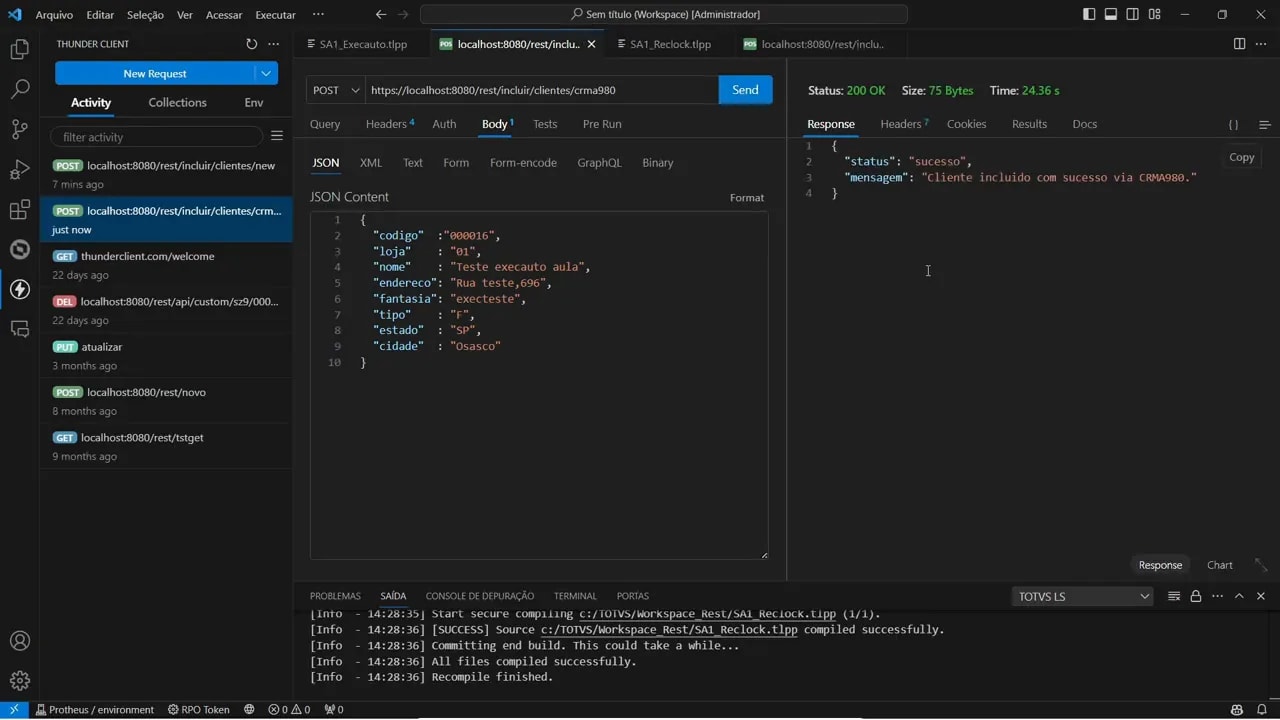 Tela do Thunder Client com requisição POST e resposta de erro 500 ao executar inclusão com ExecAuto