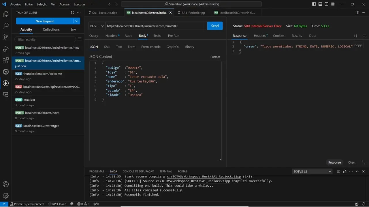 Thunder Client com Status 500 e JSON de erro ao executar inclusão com ExecAuto
