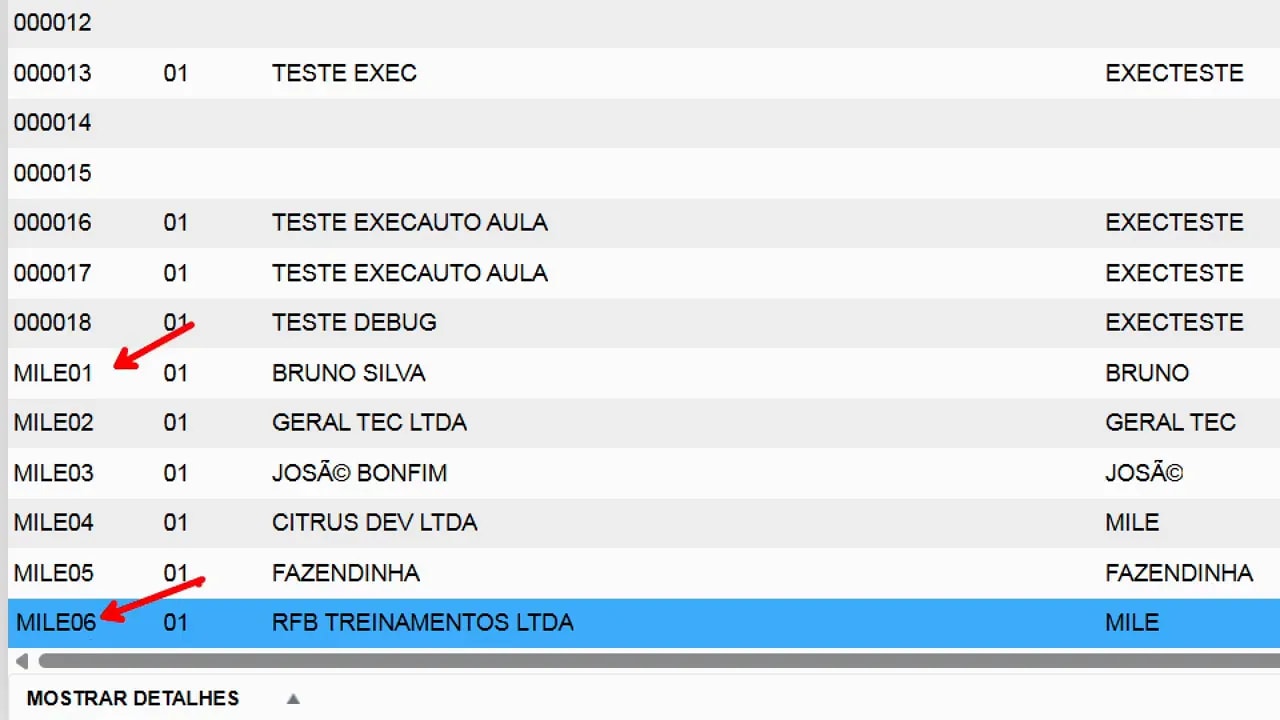 Lista de clientes do Protheus destacando MILE01, MILE05 e MILE06 após processamento do M.I.L.E.