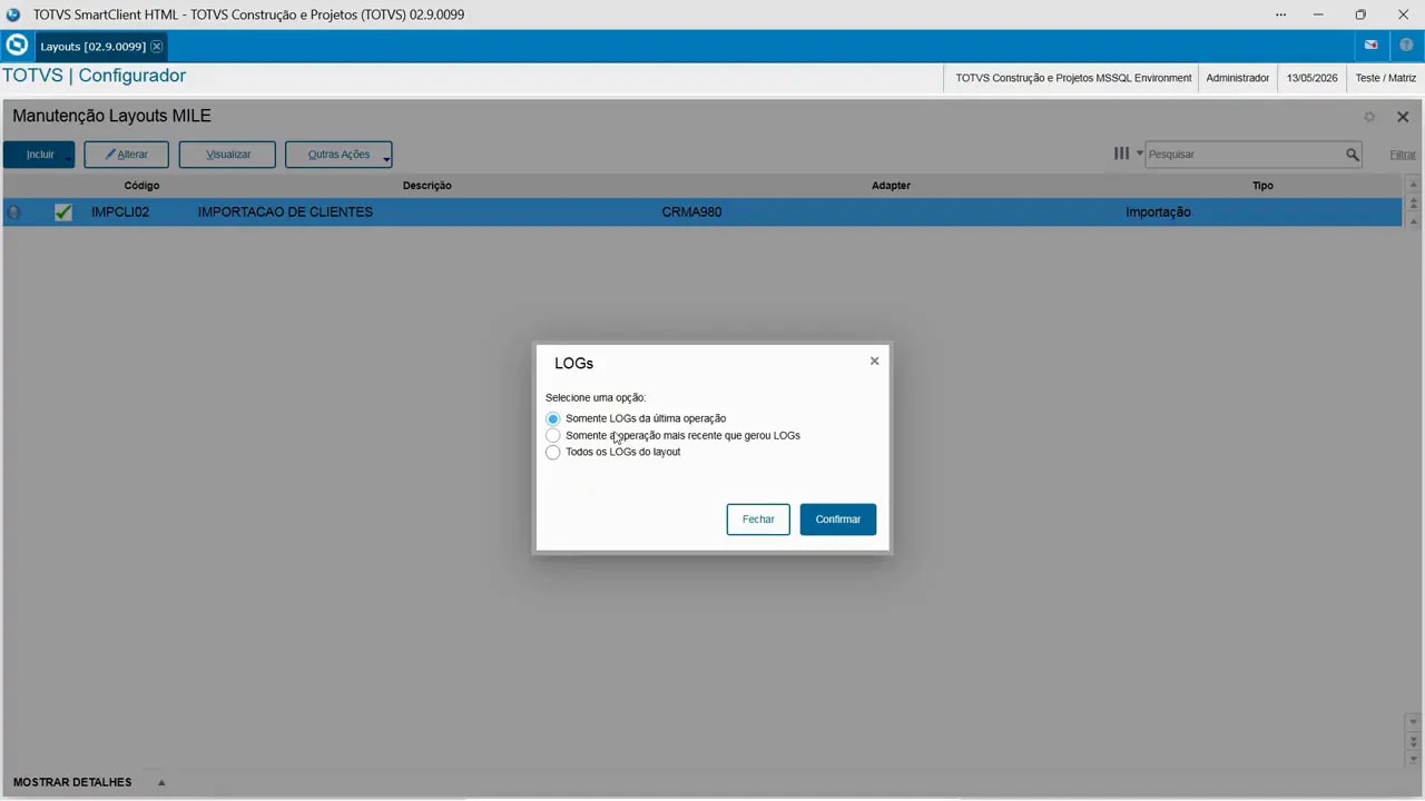 Janela de consulta de logs do M.I.L.E. no TOTVS Protheus com opções e botões de fechar e confirmar